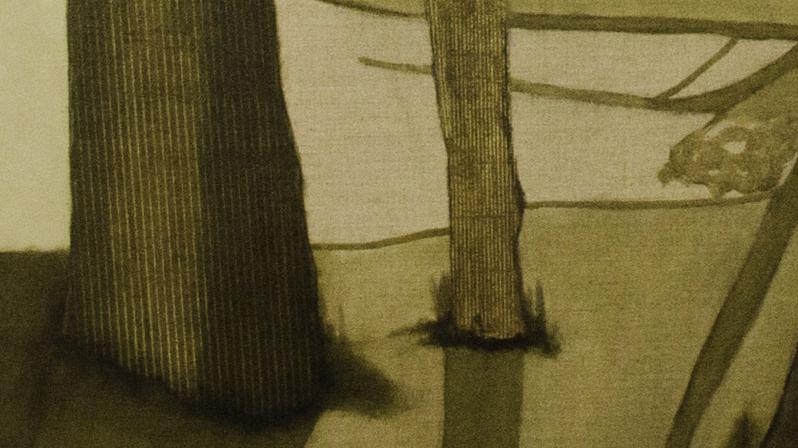 Fotografía de una pintura que representa troncos de árboles