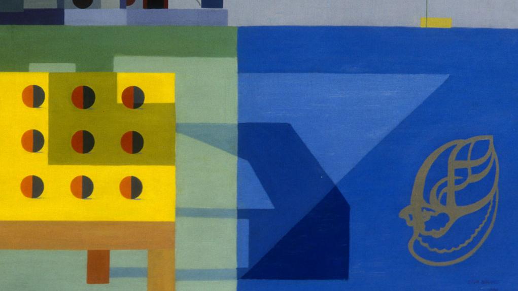 Imagen de una pintura con figuras geométricas en azul, verde, amarillo y gris