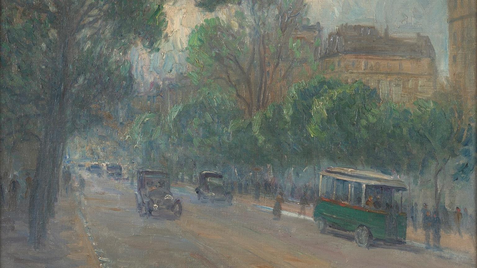 Pintura que representa una avenida con árboles en sus costados y vehículos circulando