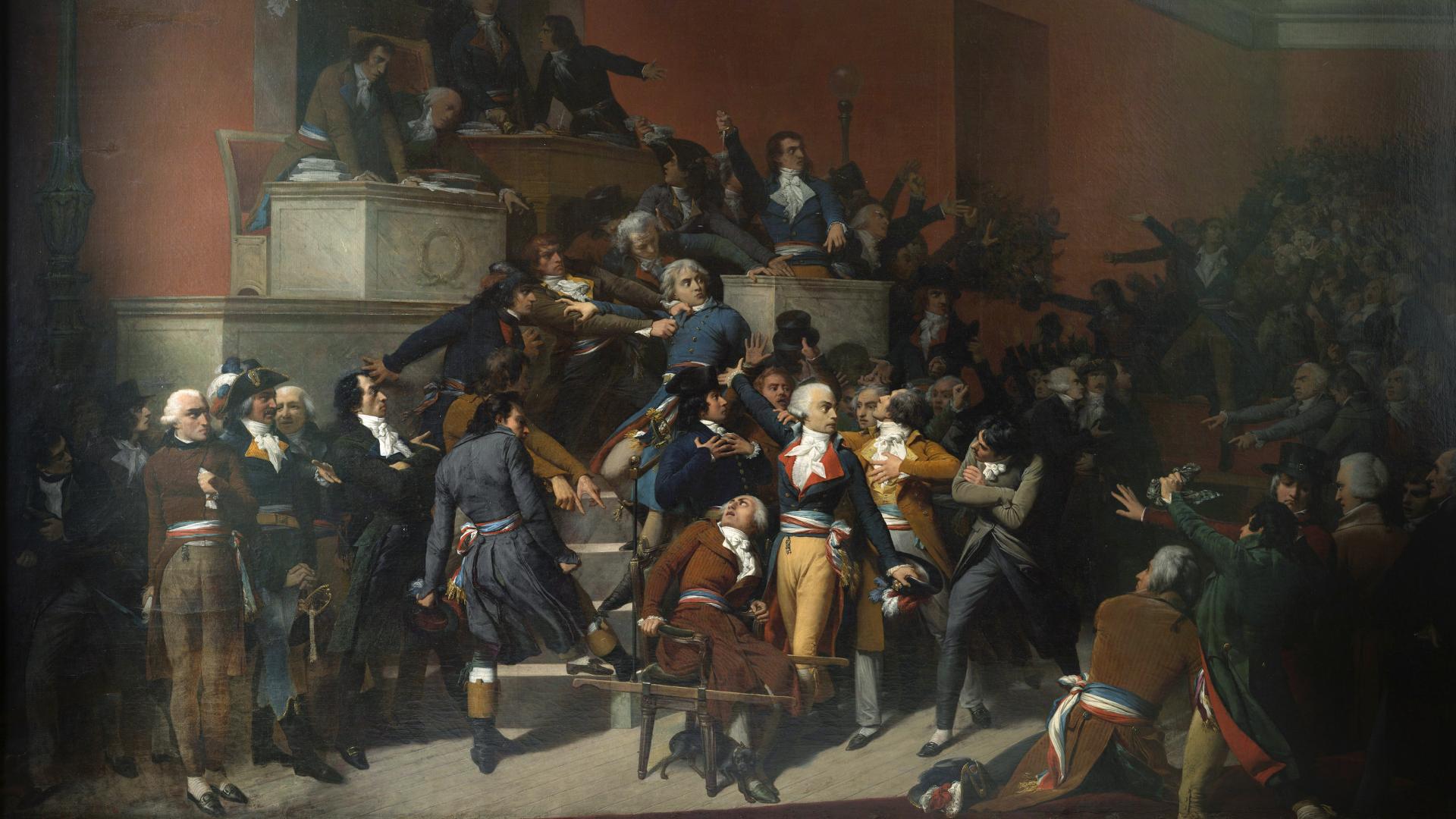 Pintura en la que se representa una asamblea de hombres con vestimentas del siglo XVIII