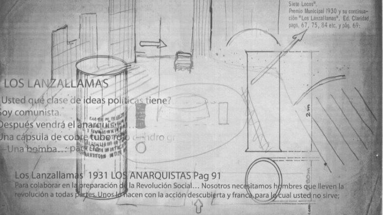 Boceto de la intervención en Plaza Roberto Arlt . Exposición Arte e idelogía. CayC Al aire libre, 1972.