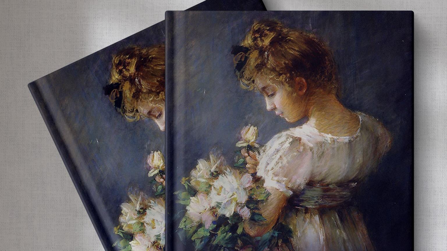 Libro con una pintura de una niña vestida de blanco en la portada