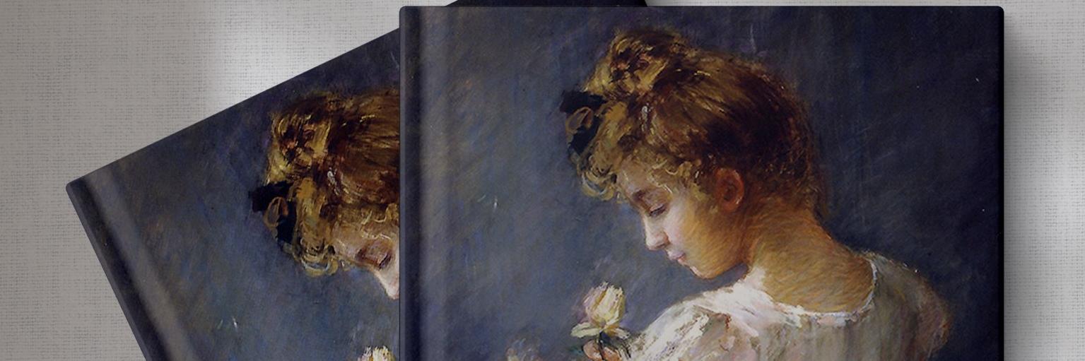 Libro con una pintura de una niña vestida de blanco en la portada