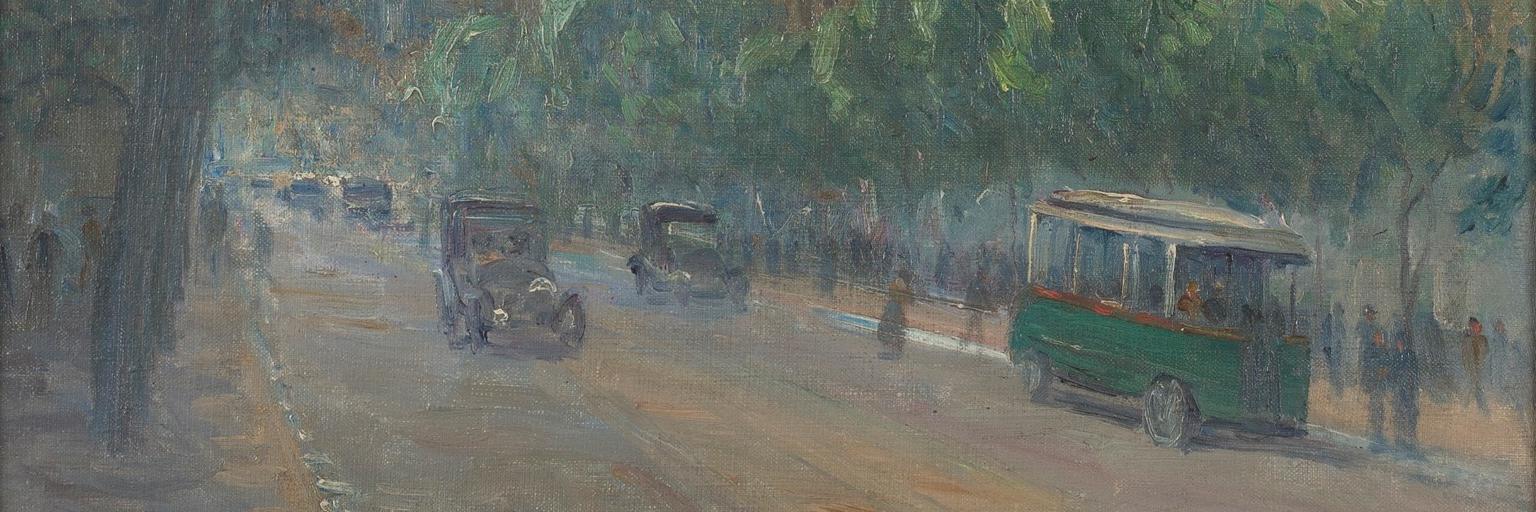Pintura que representa una avenida con árboles en sus costados y vehículos circulando