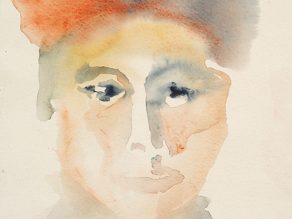 Detalle de obra Mujer con turbante rojo de Micaelina Campos