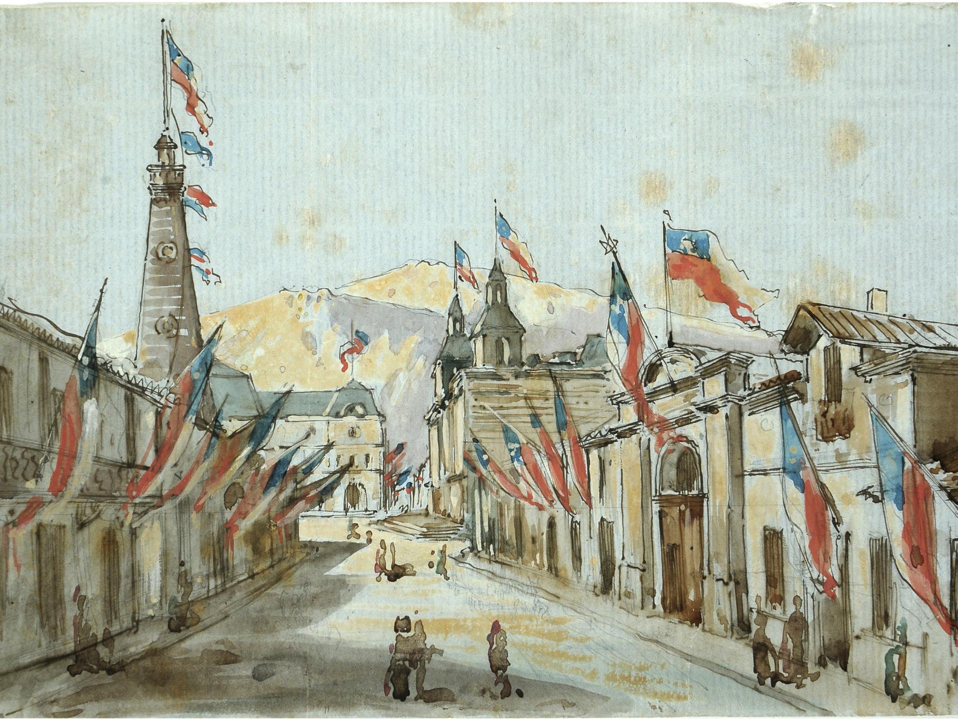 Banderas en el frontis de calle antigua de Santiago