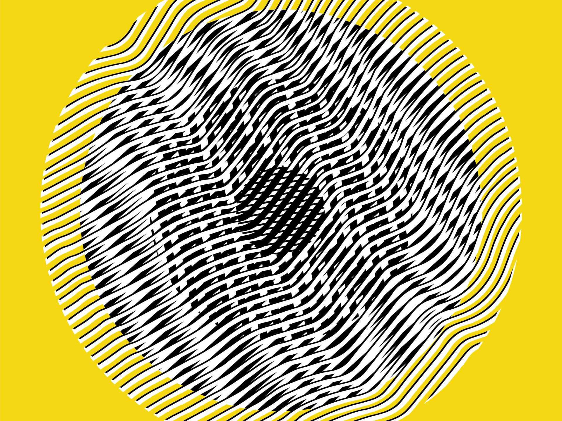 Figura circular con tramas onduladas superpuestas, sobre fondo amarillo