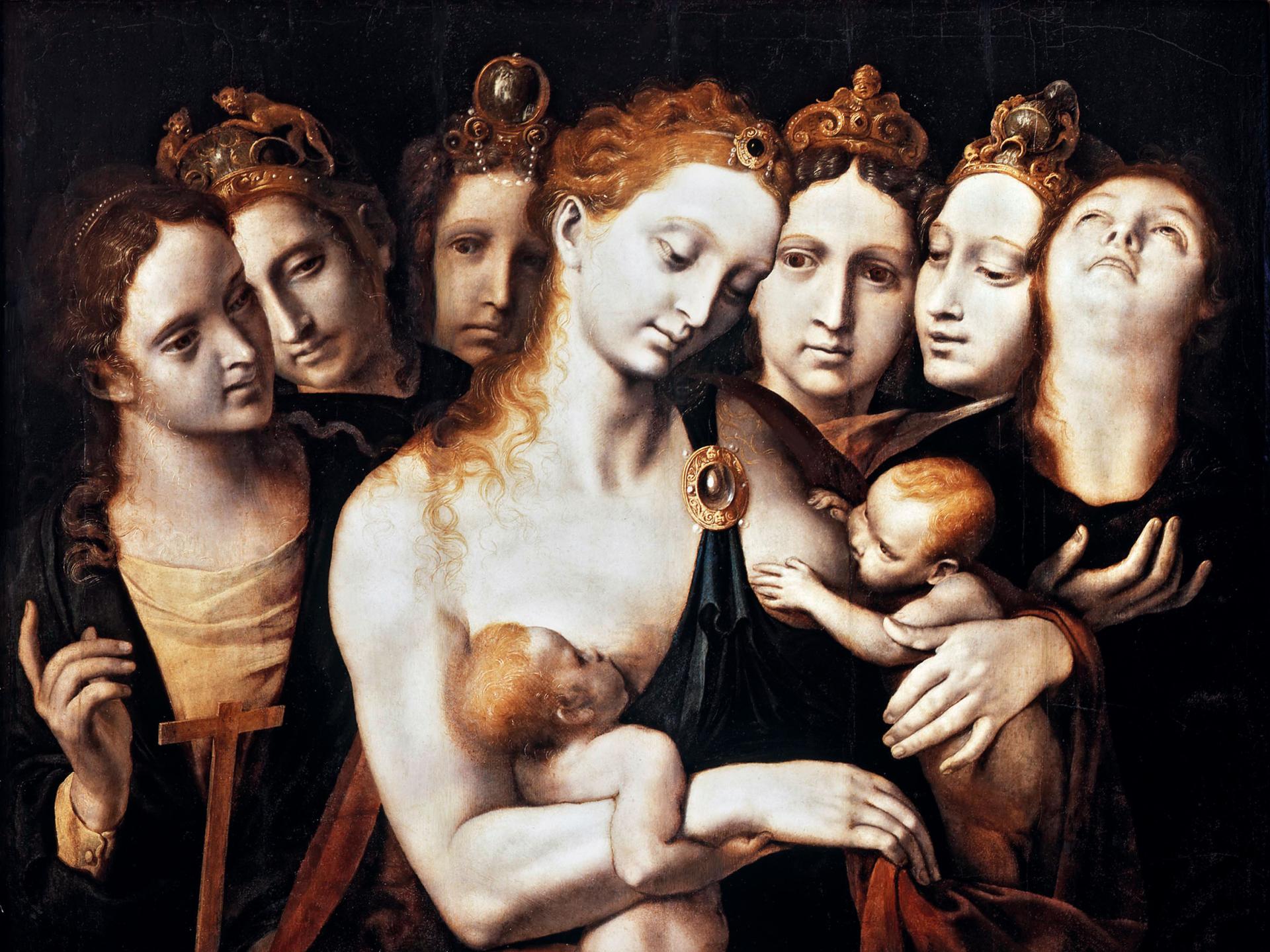 Obra con siete figuras femeninas, una de ellas amamantando a dos bebés