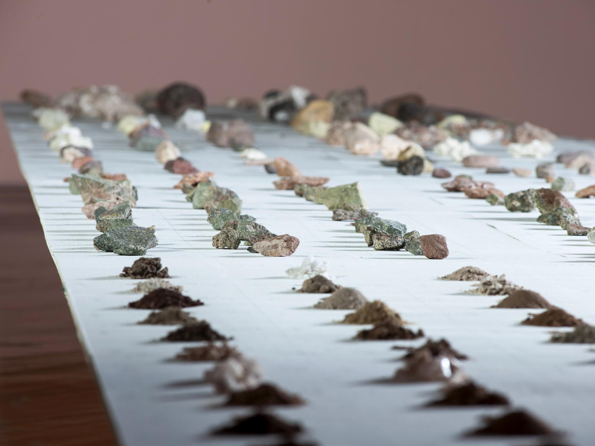 Mesón con muestras de suelo y rocas