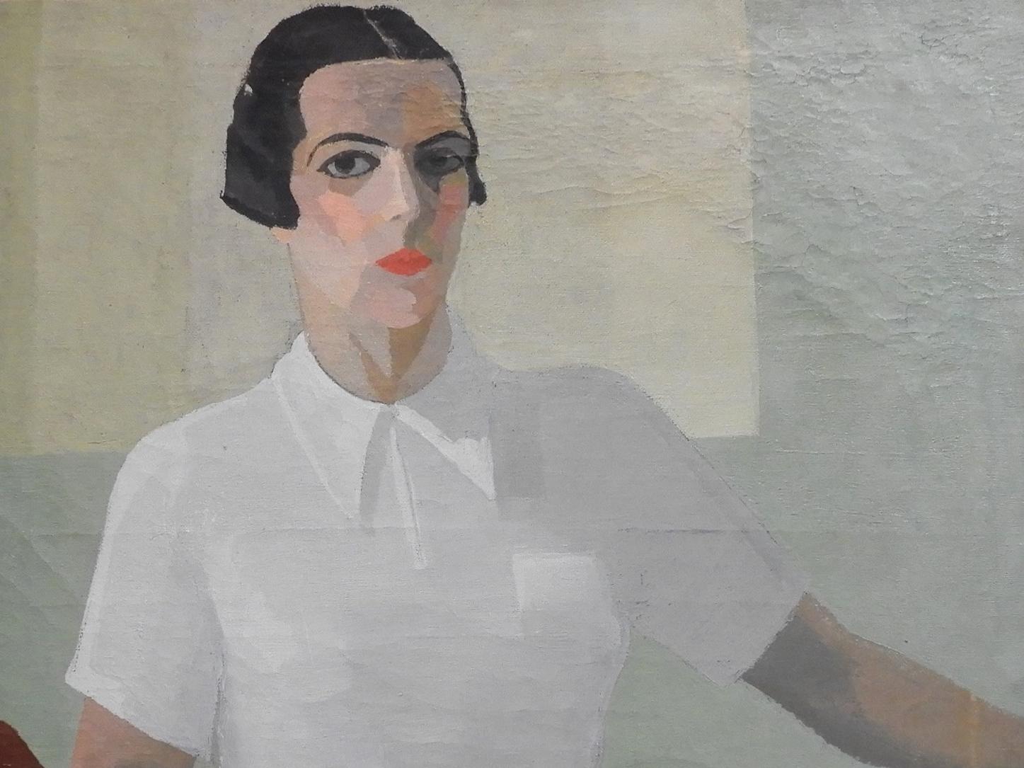 Pintura que representa a una mujer con pelo corto, negro, y blusa blanca.