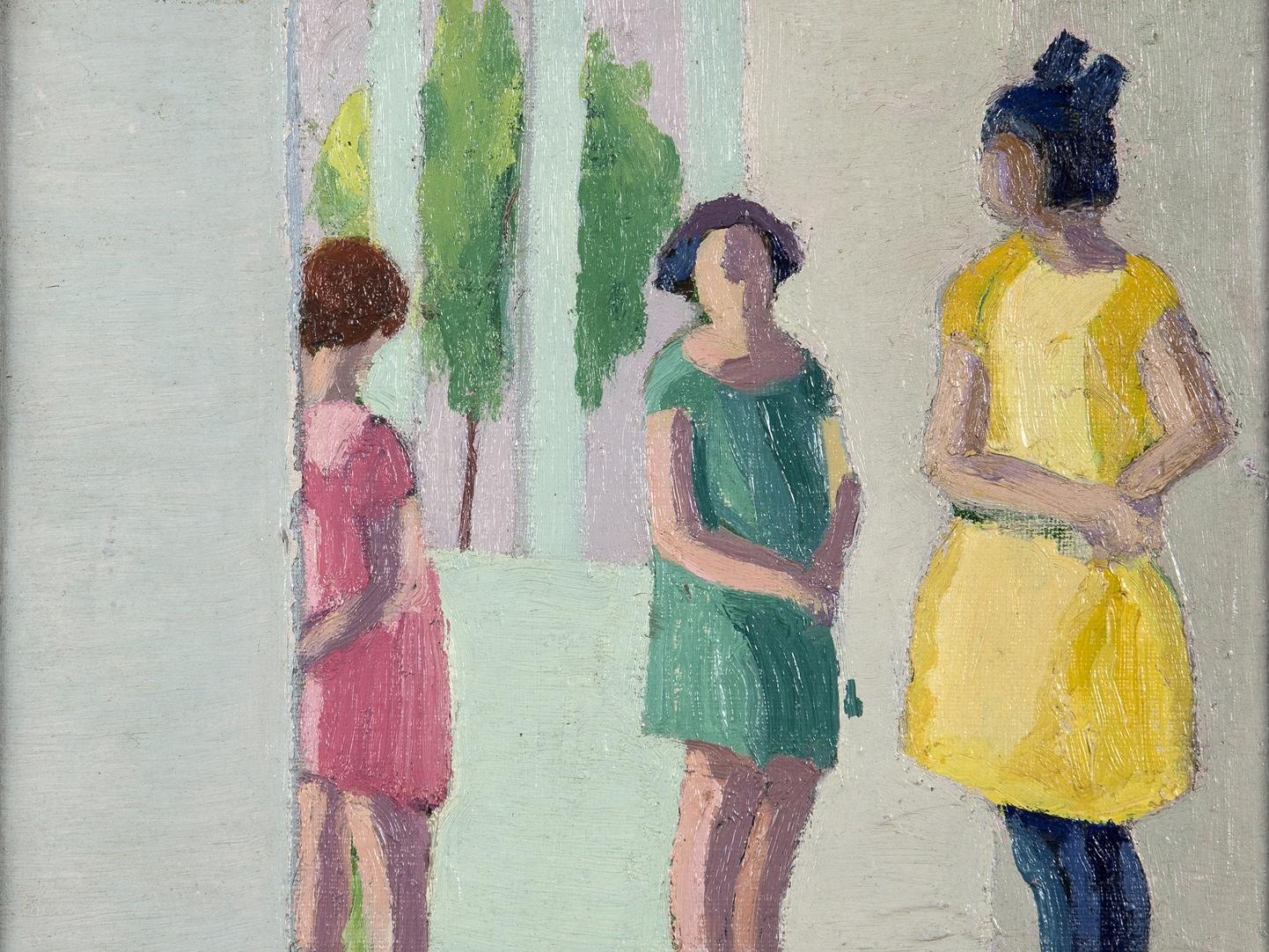 Obra que representa a tres niñas de pie, con vestidos
