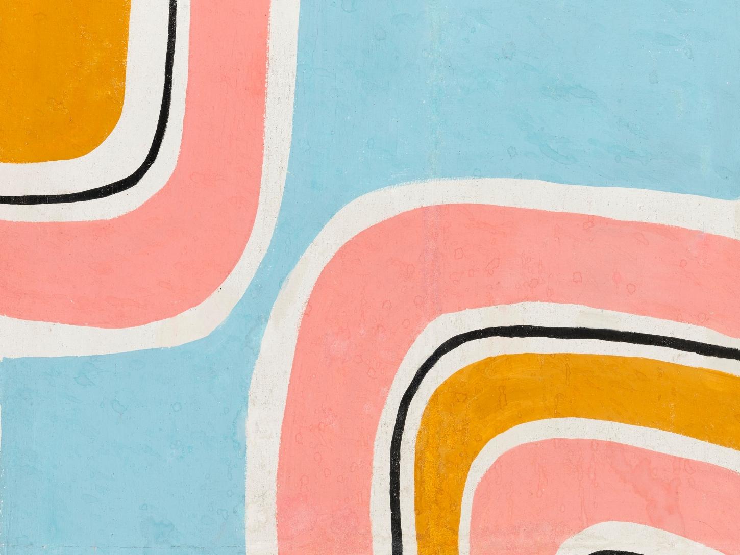 Pintura en tonos celeste, rosa y anaranjado pastel, con trazos curvos