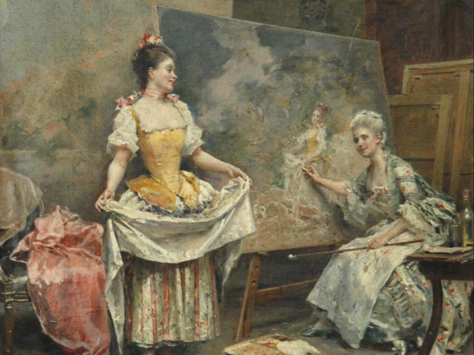 Pintura que muestra a dos mujeres con vestidos antiguos, una está retratando a la otra