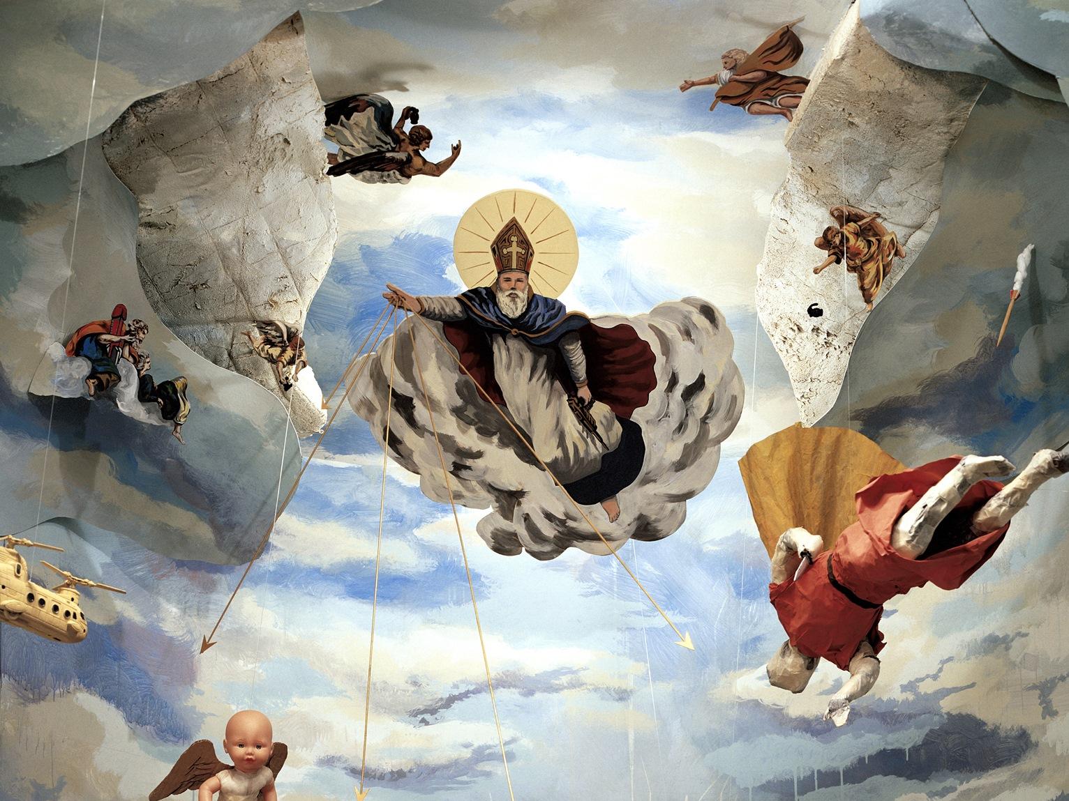 Obra que representa una escena celestial incluyendo figuras y objetos modernos