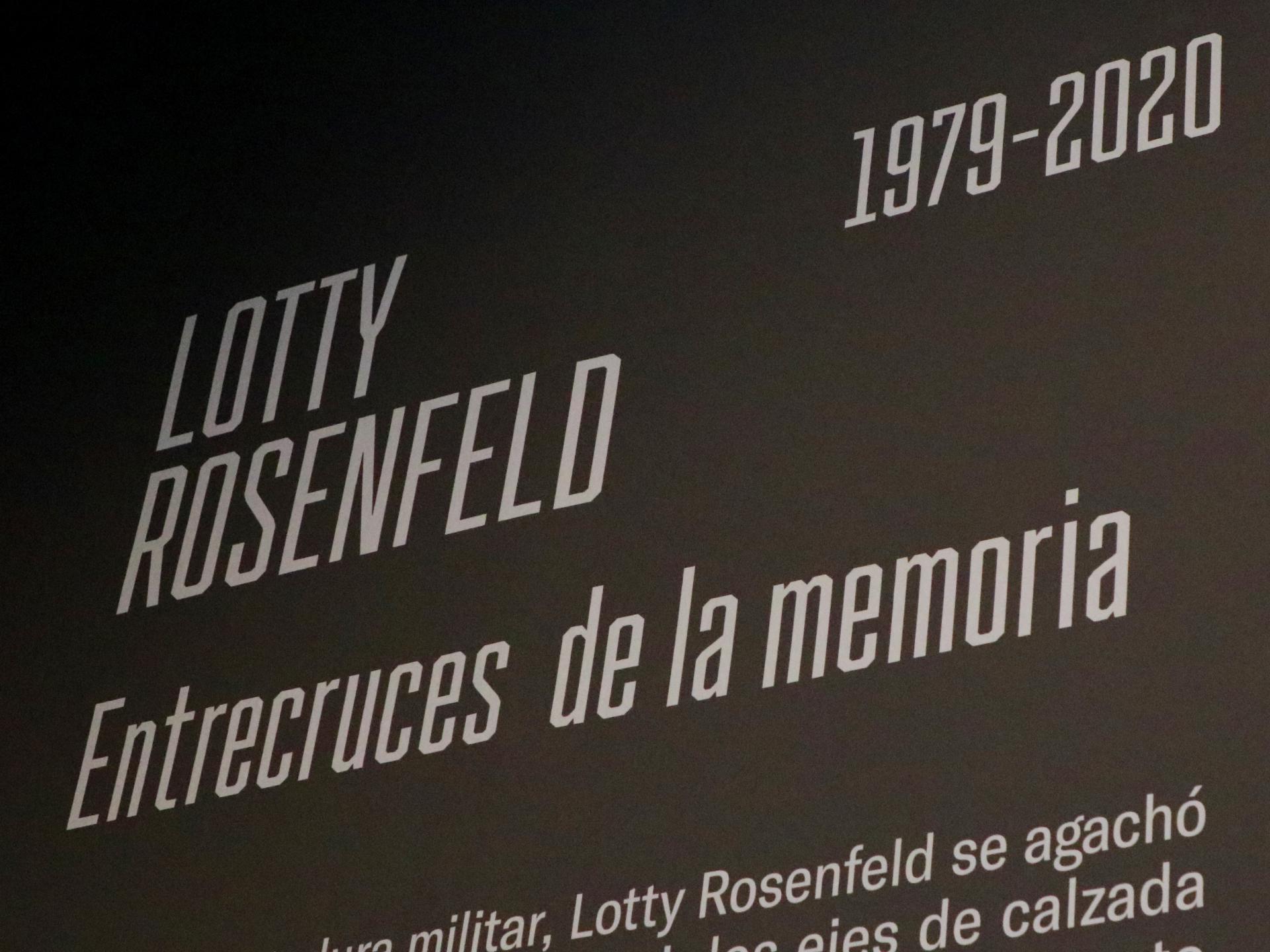 Muro negro con el texto "Lotty Rosenfeld. Entrecruces de la memoria"