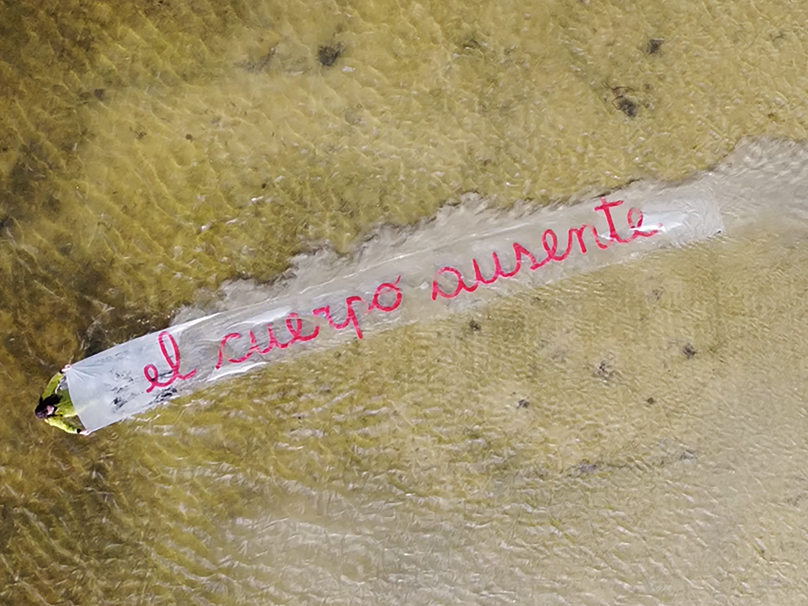 Fotografía aérea de una persona que sostiene un lienzo con la frase "el cuerpo ausente"