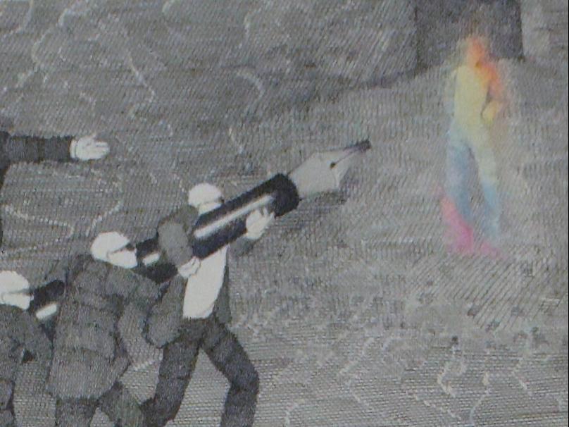 Dibujo que representa a varios hombres con traje y lentes oscuros, levantando una pluma de gran tamaño