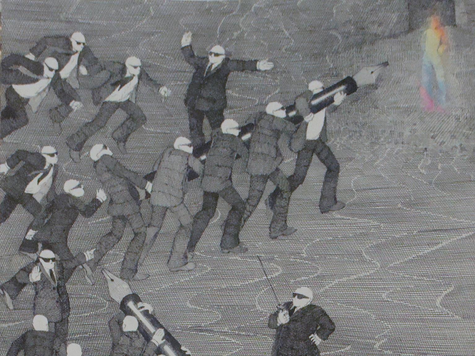Dibujo que representa a varios hombres con traje y lentes oscuros, levantando una pluma de gran tamaño