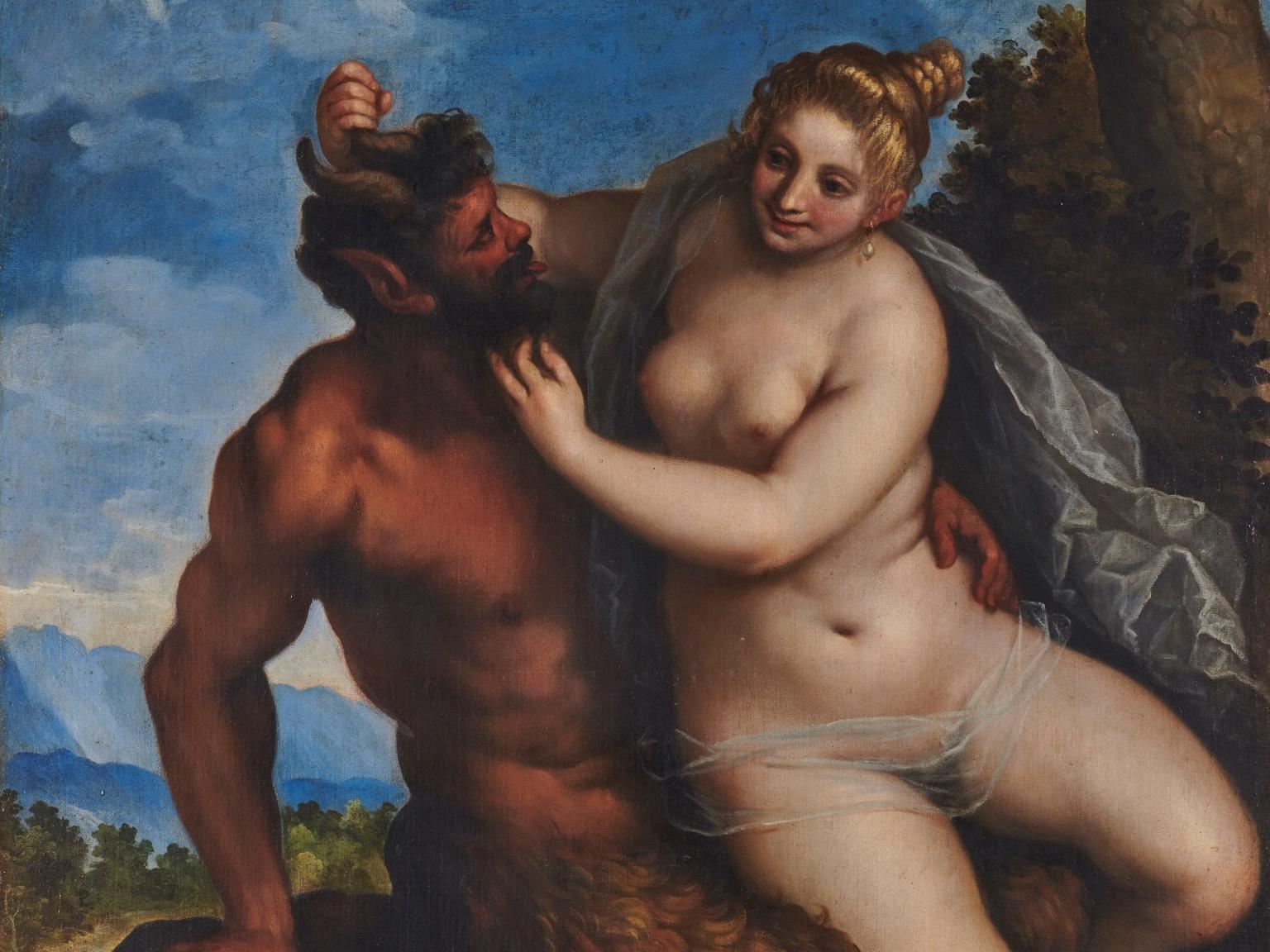 Pintura que representa a un fauno abrazado a una mujer rubia