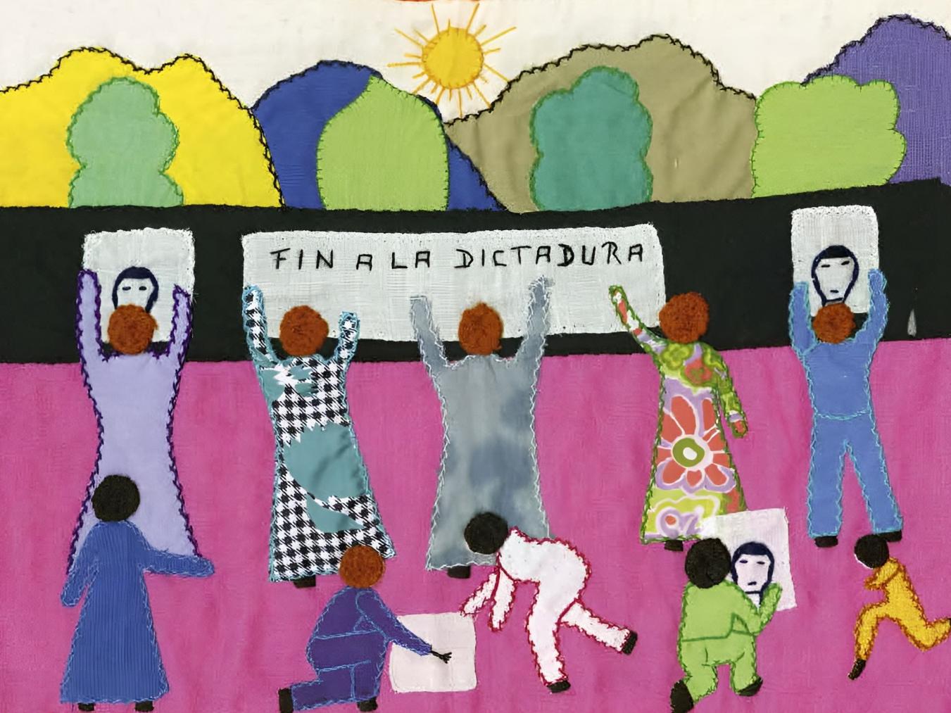 Imagen de bordado que representa a personas sosteniendo un cartel con la frase  "Fin a la dictadura"
