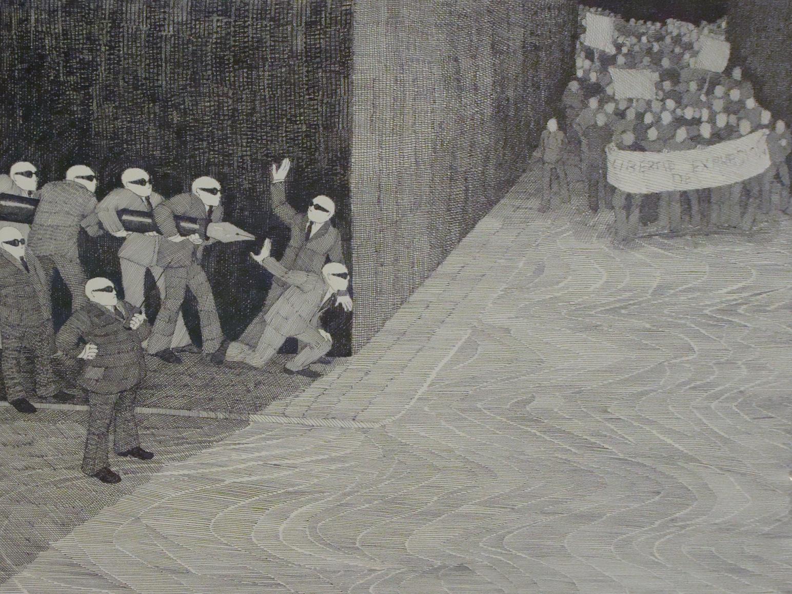 Dibujo en blanco y negro de un grupo de manifestantes y otro grupo de hombres esperándolos tras un muro