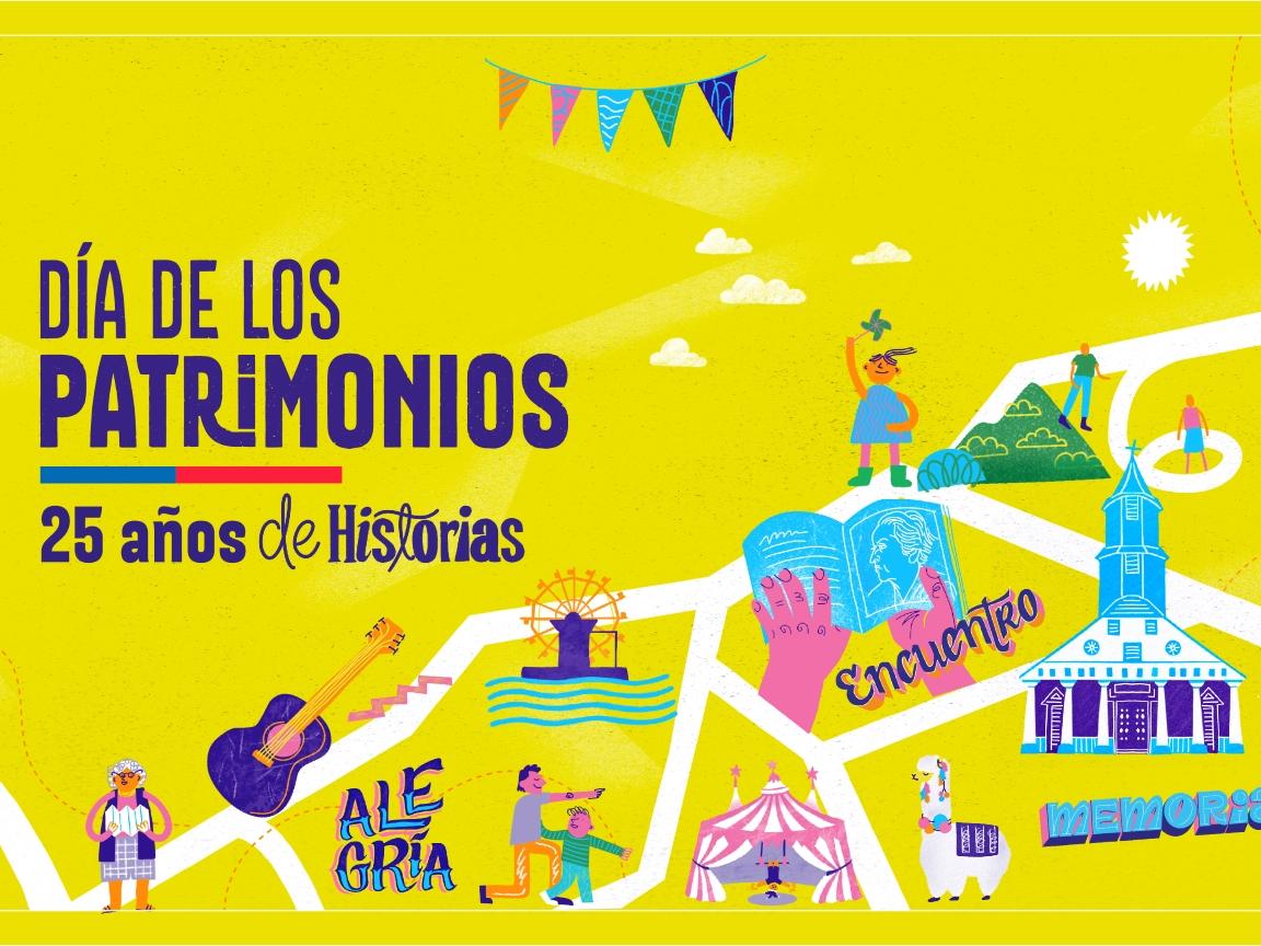Ilustración sobre fondo amarillo, con el título Día de los Patrimonios
