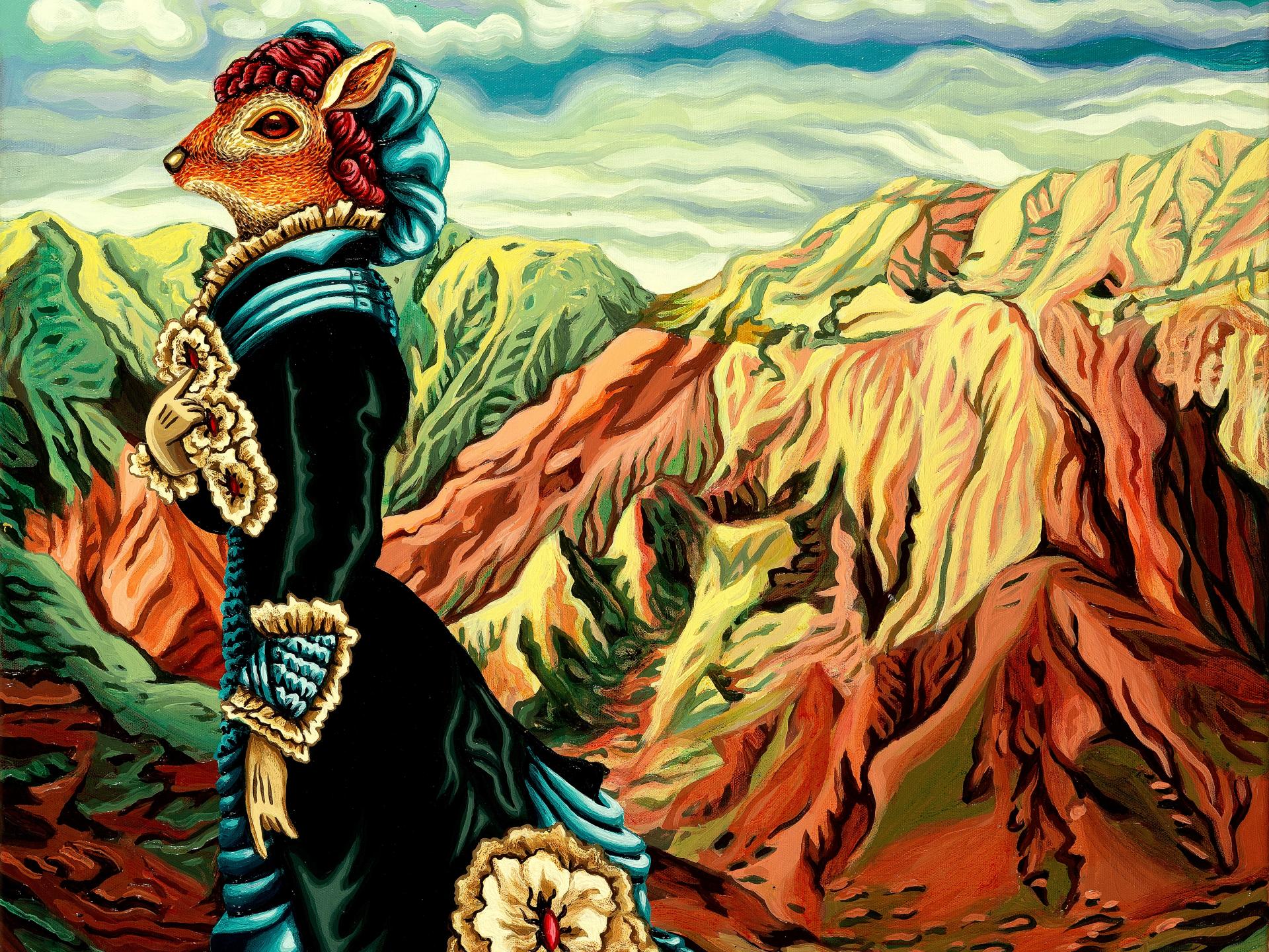 Ilustración de una figura humana femenina con cabeza de venado, usando un vestido azul