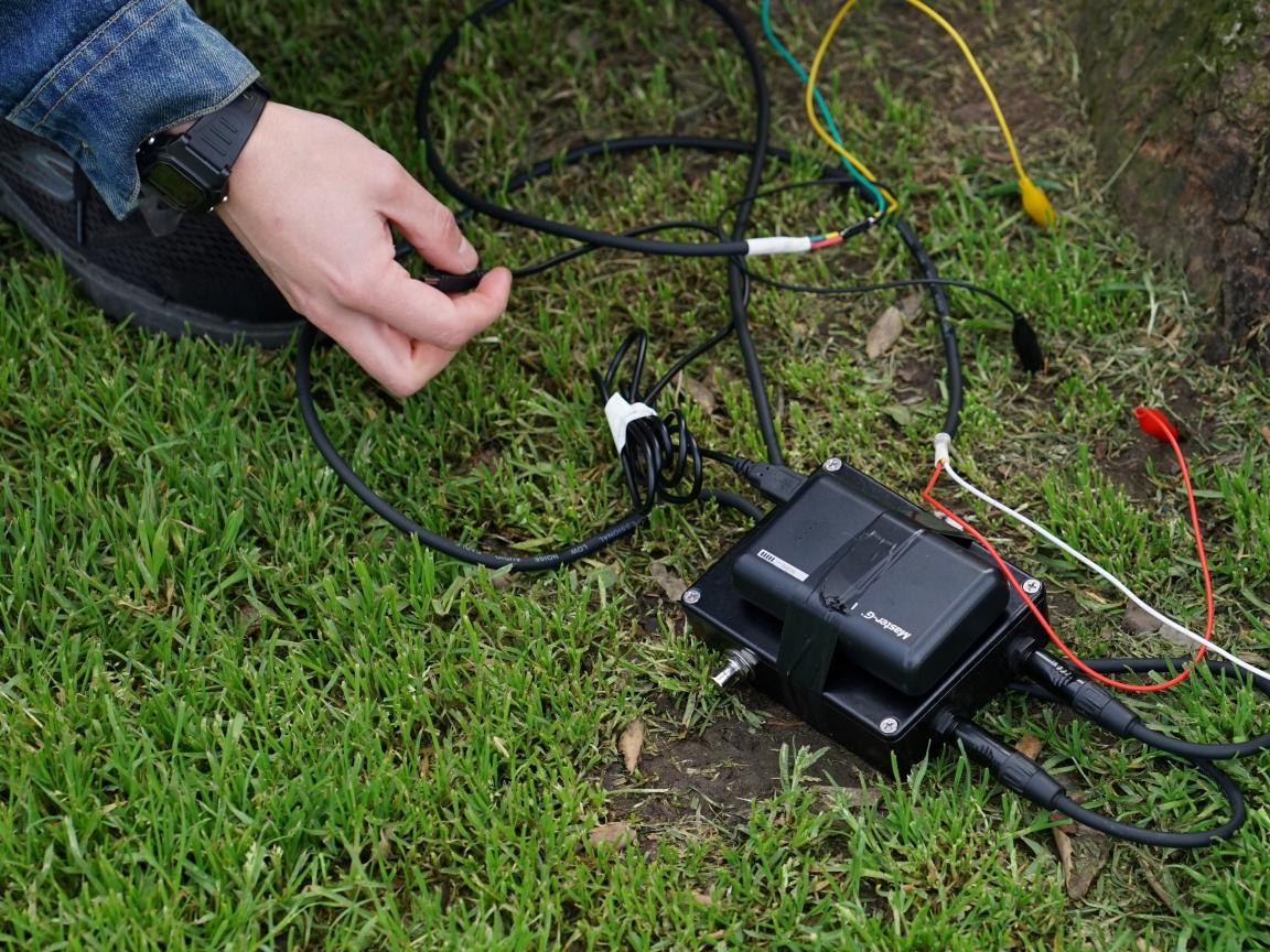 Festival de las Ciencias, foto de una mano sobre el pasto, tomando los cables de un dispositivo electrónico