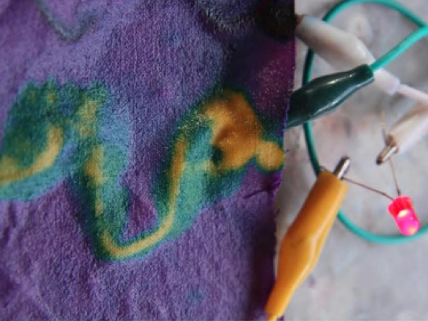 Taller de la artista Aruma, imagen de un textil en tonos púrpura, verde y amarillo, con conectores eléctricos