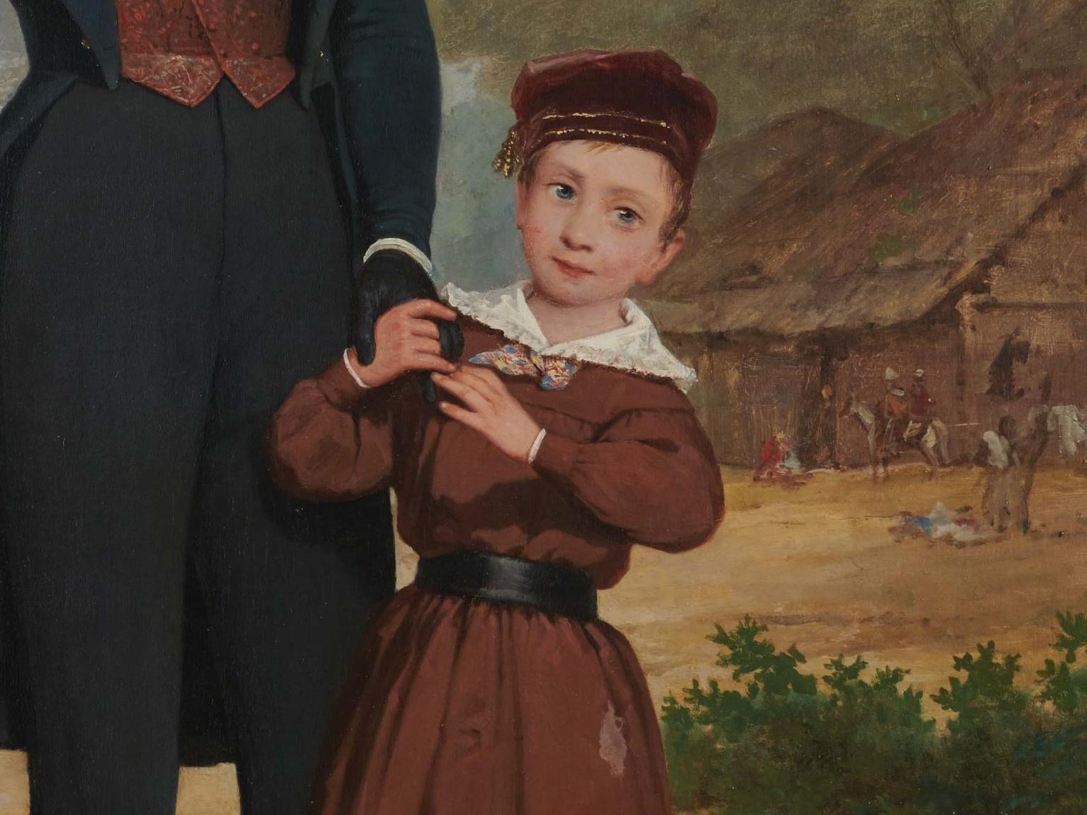Detalle de pintura que representa a un niño con ropas en tonos café