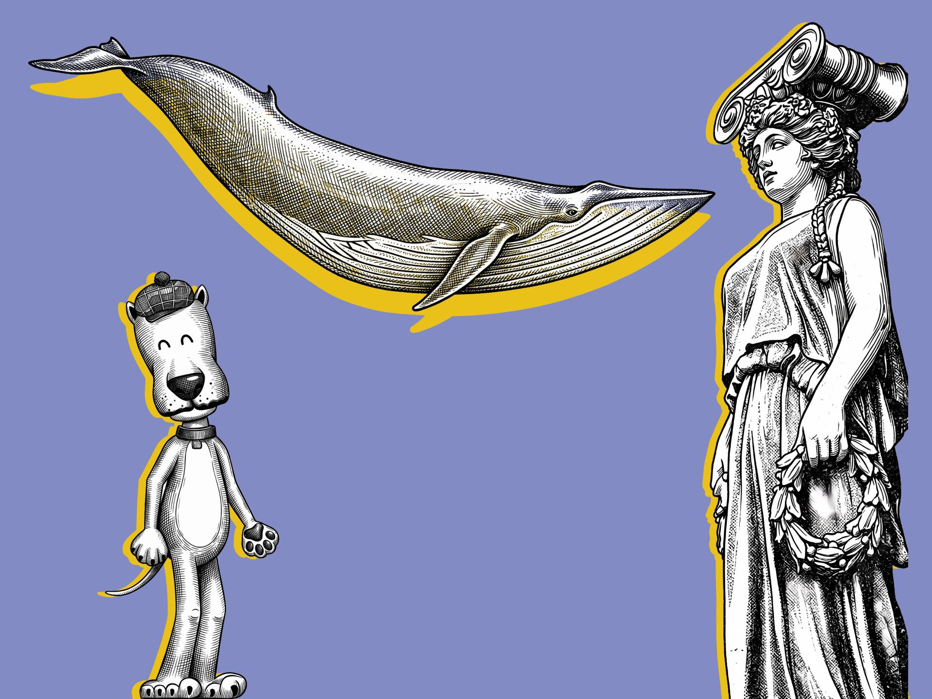 Ilustración con una ballena, un perro y una mujer con túnica.