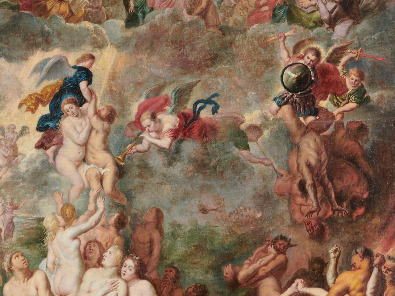 Escena con ángeles y personas desnudas en el cielo