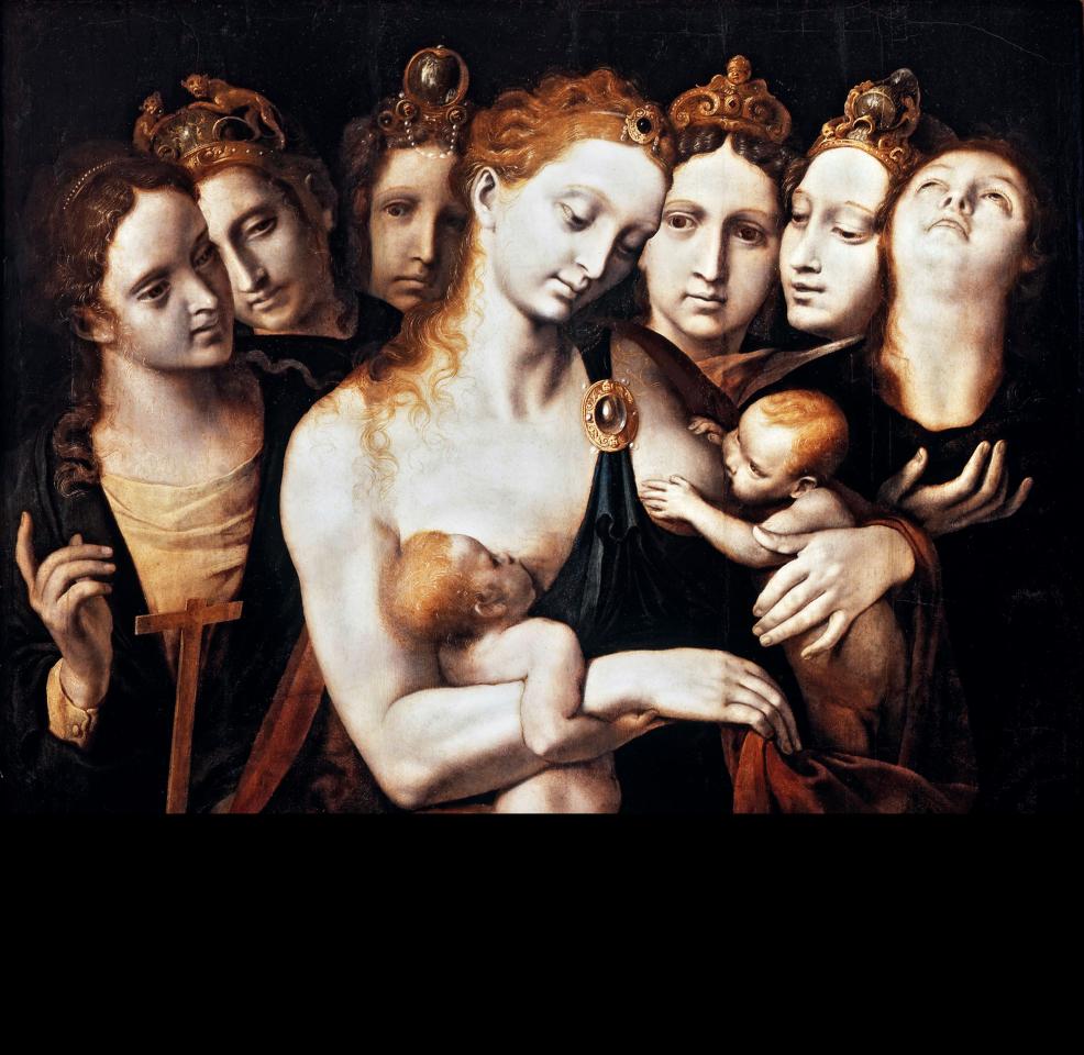 Cuadro con siete figuras femeninas, una de ellas sosteniendo a dos bebés
