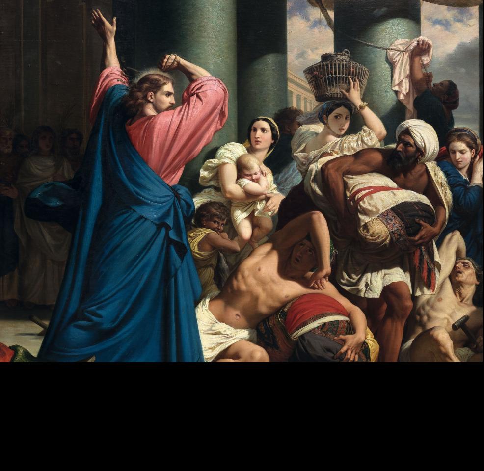Obra que representa a Jesús echando a los mercaderes del templo