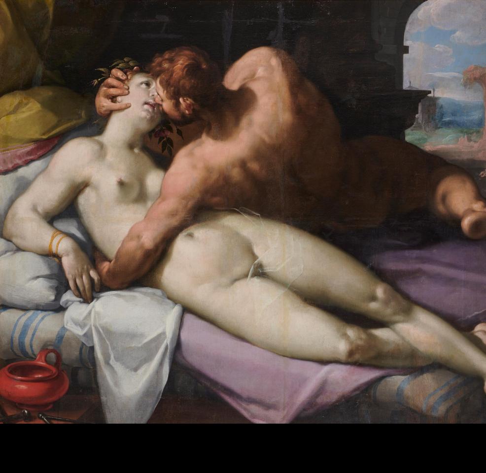 Obra con un hombre y una mujer desnudos, besándose