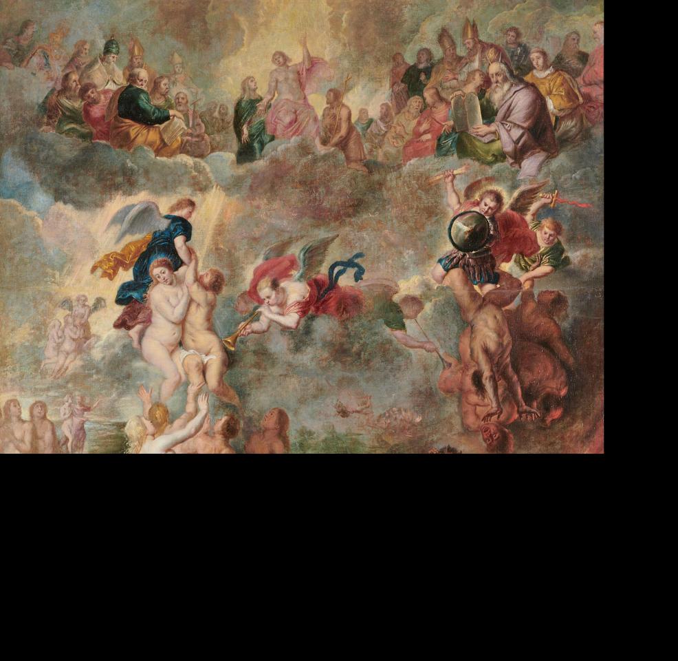Obra que representa a una multitud subiendo al cielo en el Juicio Final