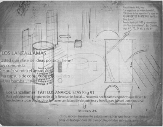 Boceto de la intervención en Plaza Roberto Arlt . Exposición Arte e idelogía. CayC Al aire libre, 1972.