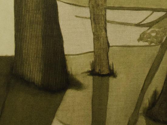 Fotografía de una pintura que representa troncos de árboles