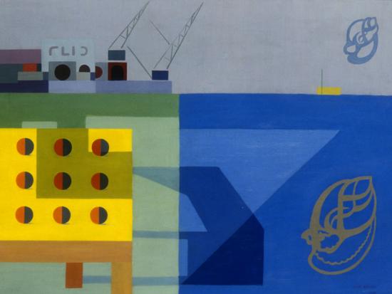 Imagen de una pintura con figuras geométricas en azul, verde, amarillo y gris