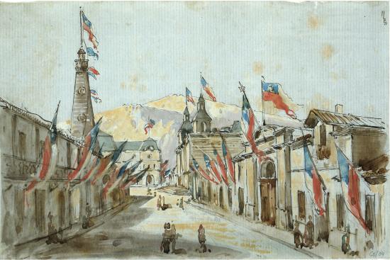 Banderas en el frontis de calle antigua de Santiago