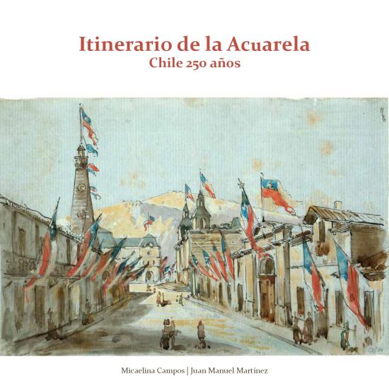 Obra que representa una calle con banderas chilenas en los balcones de las casas