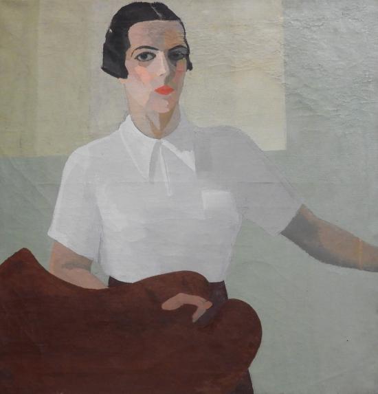 Pintura que representa a una mujer con pelo negro, corto, y blusa blanca