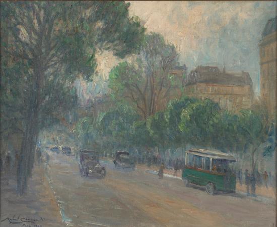 Pintura que representa una calle con árboles en los costados y vehículos circulando