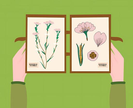 Ilustración que muestra unas manos sosteniendo un cuaderno con dibujos de flores en sus páginas