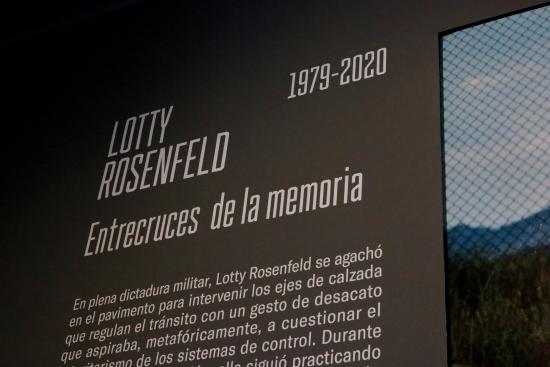 Muro negro con el texto "Lotty Rosenfeld. Entrecruces de la memoria"