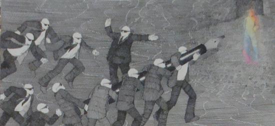 Dibujo que representa a varios hombres con traje y lentes oscuros, levantando una pluma de gran tamaño