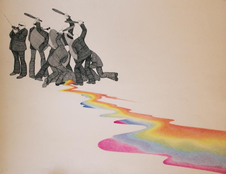 Mixta sobre papel. Tinta china, lápiz color.