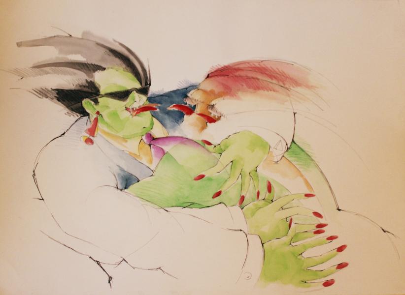 Mixta sobre papel. Tinta china, acuarela, lápiz color.