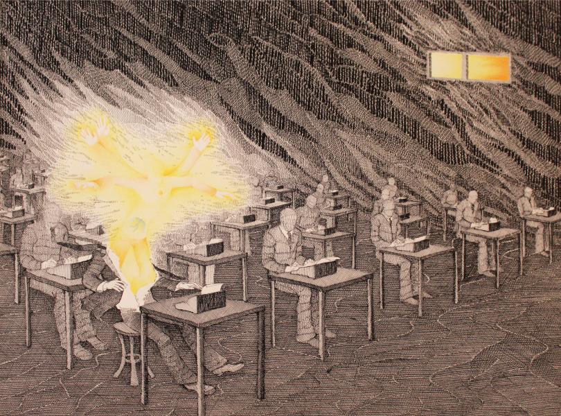 Mixta sobre papel. Tinta china y lápiz color.