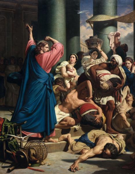 Obra que representa a Jesús echando a los mercaderes del templo